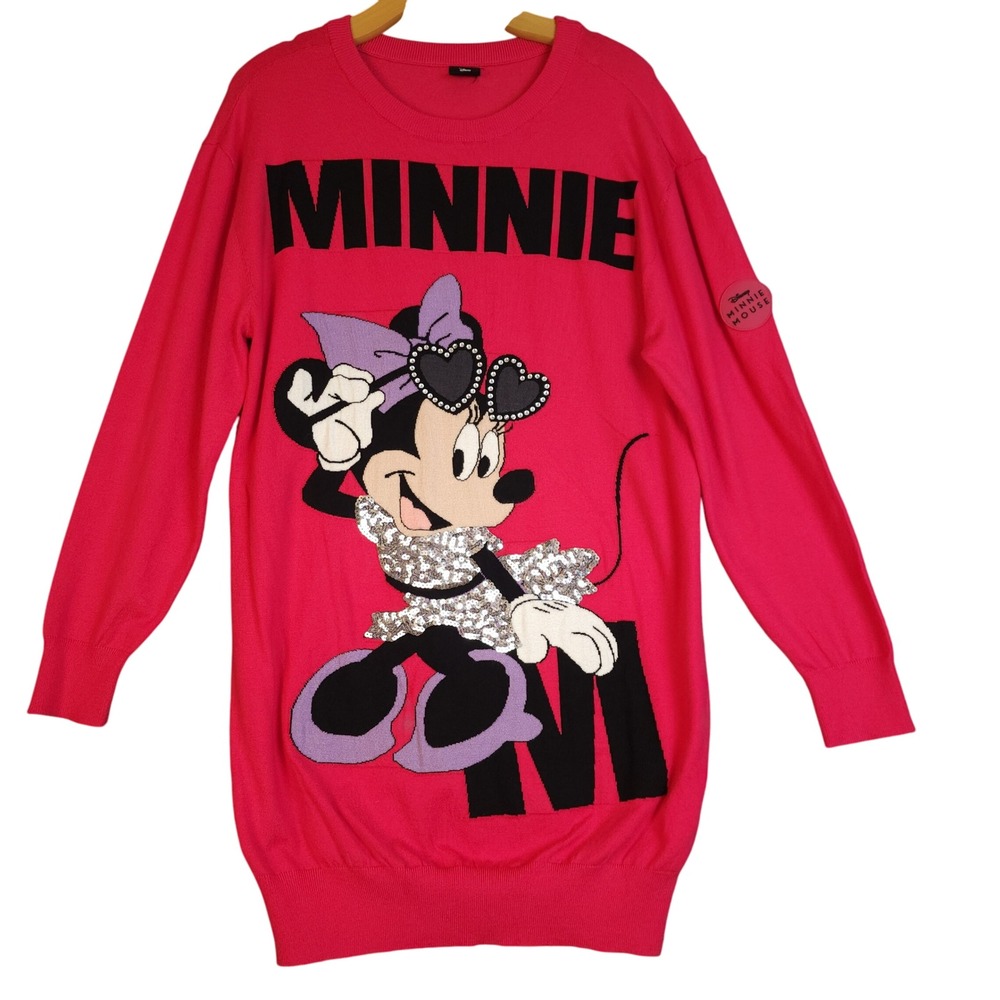 Disney Minnie Mouse Pink Sequin‎ Heart Sunglasses Sweater Dress Women Size G